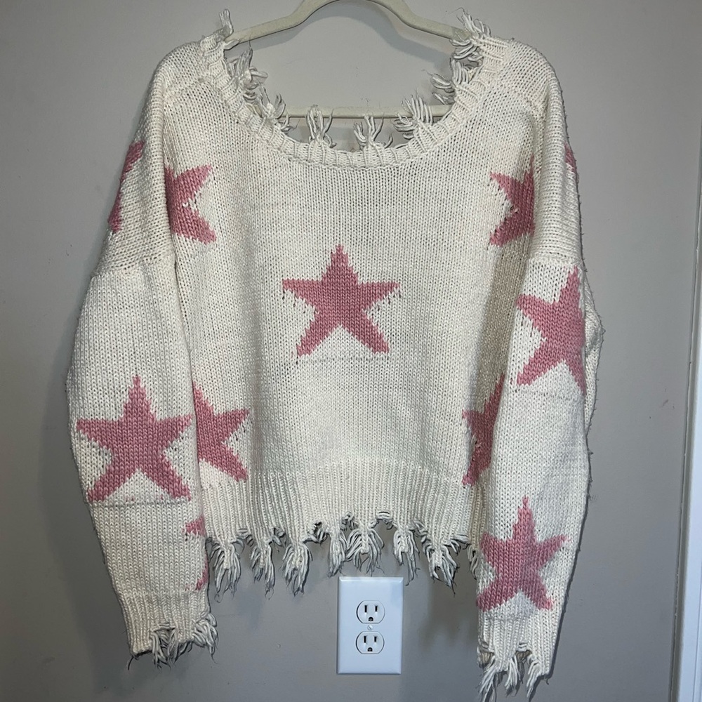 COPY - White and pink star sweater with fringe! High neck, low back. Size M